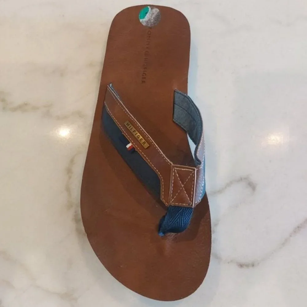 Tommy Hilfiger Drake-T Men's Flip Flops Flat Sandals Cognac Faux‎ Leather Sz 12